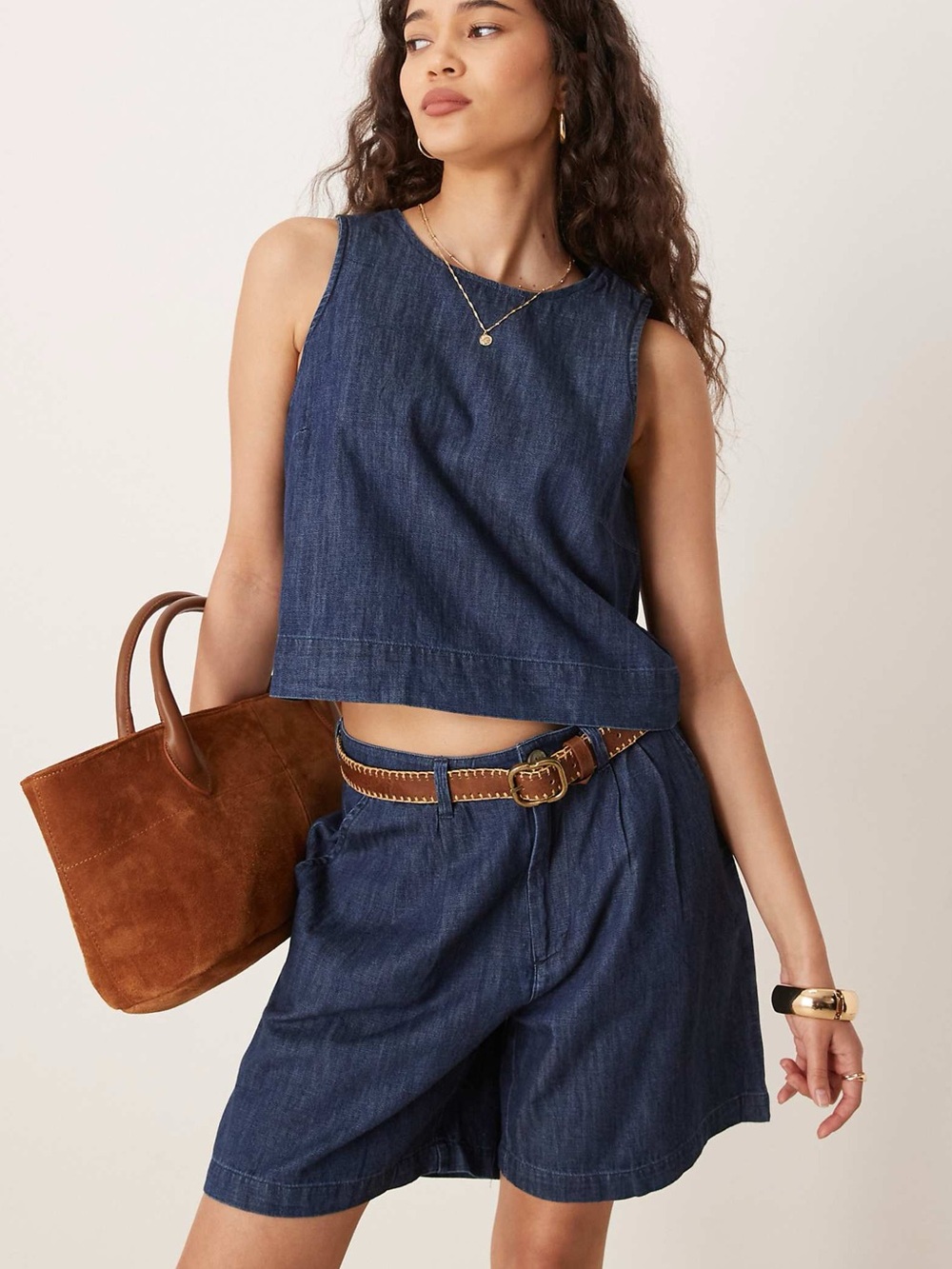 MANGO Denim Cropped Top & Longline Shorts Matching Set Indigo Denim Size 6 / S